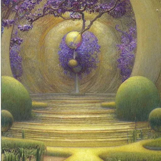 Image similar to a portal in a mysterious garden filled with spherical plants, artwork by jean delville, trending on art station