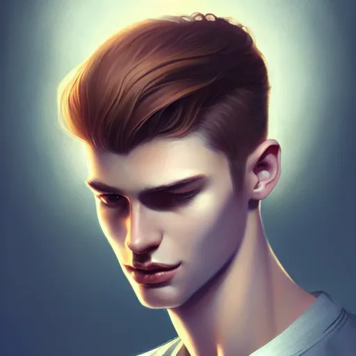 Prompt: tall man in his twenties with brown blond short quiff hair and round facial structure with cleft chin, straight eyebrows, cheekbones, big hazel nut brown eyes, atmospheric lighting, painted, intricate, 4 k, highly detailed by charlie bowater