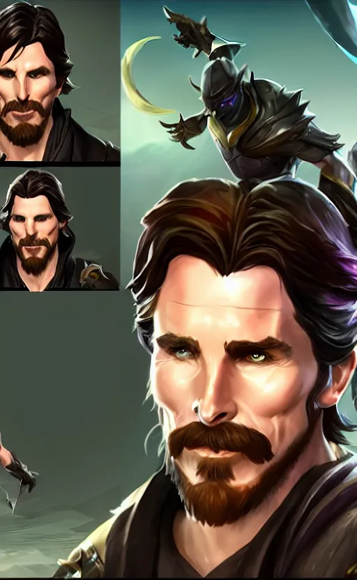 Image similar to Christian Bale as a character in the game League of Legends, with a background based on the game League of Legends, detailed face, old 3d graphics