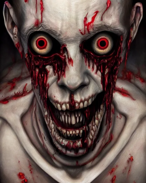 Image similar to Haunting horrifying hyperrealistic detailed painting of a tall slim flesh demon covered in thick black blood, heavy metal, disgusting, creepy, unsettling, and bloodshot eyeballs, hyper detailed, trending on Artstation