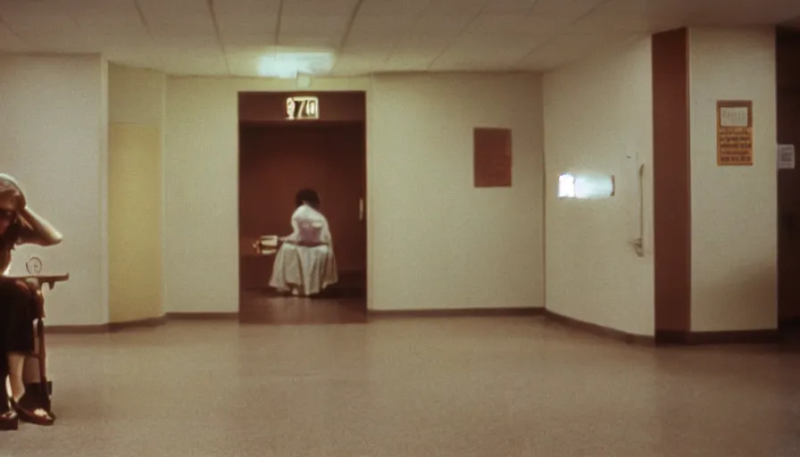 Prompt: 7 0 s film still from a horror movie about a person sitting in the lobby of a mental hospital, kodachrome, cinecolor, cinestill, film grain, film texture, retro, cinematic, high resolution, photorealism,