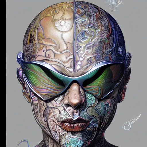 Prompt: ar filter designed by sorayama and ikeuchi painted in alex grey style drawn by vania zouravliov, inspired by boredoms, intricate manga drawing, photorealistic, 3 d, high detail, sharp high detail, artstation, octane