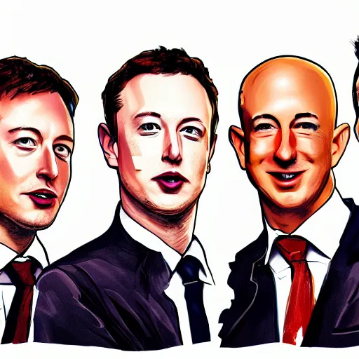 Image similar to portrait of elon musk, mark zuckerberg, jeff bezos, in meeting together, very detailed, art contest winner on behance, trendy on deviant art, by by artgem