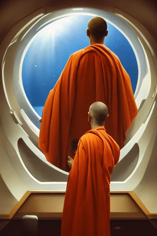 Image similar to portrait of a monk in a spaceship, looking out of a round window at nebula, orange robe, dramatic lighting, artstation, matte painting, ralph mcquarrie