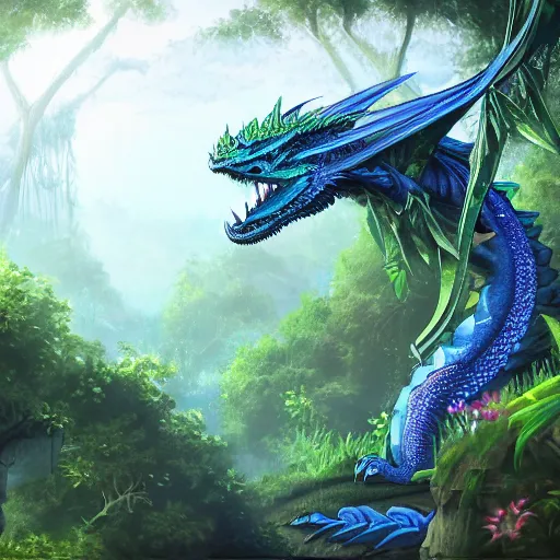 Prompt: An elegant green, blue dragon, sitting on a clearing in a flowery jungle, detailed, mtg, digital illustration, trending on artstation