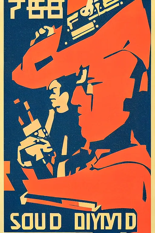 Image similar to soviet propaganda poster of a sound synthesizer solving world problems