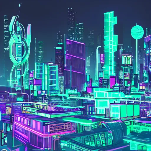 Image similar to cyberpunk city, aqua, green, and purple neon lighting