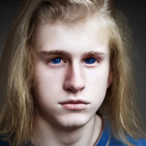 Prompt: Portrait of a sad looking teenage boy, around 20 yo, natural blonde hair and smooth pale skin. Detailed face. Award winning photograph.