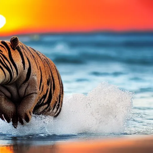 Image similar to a closeup photorealistic photograph of a cute smiling knitted tiger hippopotamus chasing a beachball at sunset. surf in the background. professional capture. this 4 k hd image is trending on artstation, featured on behance, well - rendered, extra crisp, features intricate detail, epic composition and the style of unreal engine.