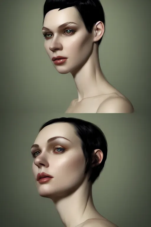 Image similar to Portrait of a beautiful pale skin Nordic female with short black hair, elegant, photorealistic, highly detailed, artstation, smooth, sharp focus, gold ornaments, neon lighting, sci-fi, art by Klimt.