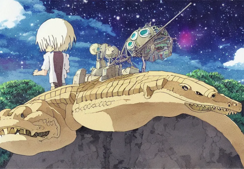 Prompt: a hyperrealist watercolor concept art from a studio ghibli film showing a giant beige mechanized crocodile from howl's moving castle ( 2 0 0 4 ). a pyramid is under construction in the background, in the rainforest on a misty and starry night. a ufo is in the sky. by studio ghibli