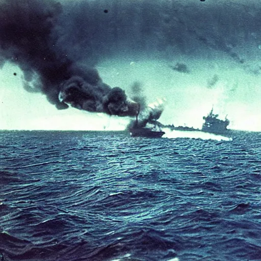 Prompt: first person view from the deck of a batteship firing a broadside, kamikaze planes diving, world war ii, high resolution colour photo