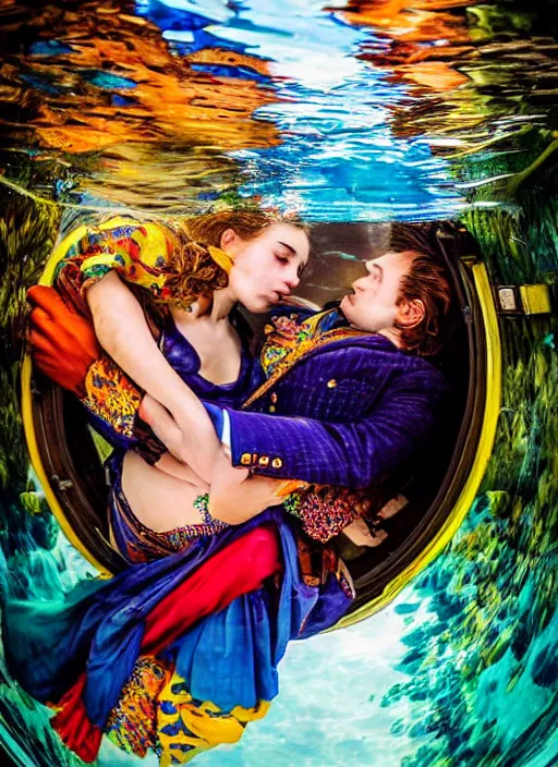 Image similar to detailed colourful masterpiece of photography by couple portrait sat down extreme closeup, love, inside an underwater train, detailed realistic expressions, wearing unusual clothes, by frederic leighton, ultra wide angle