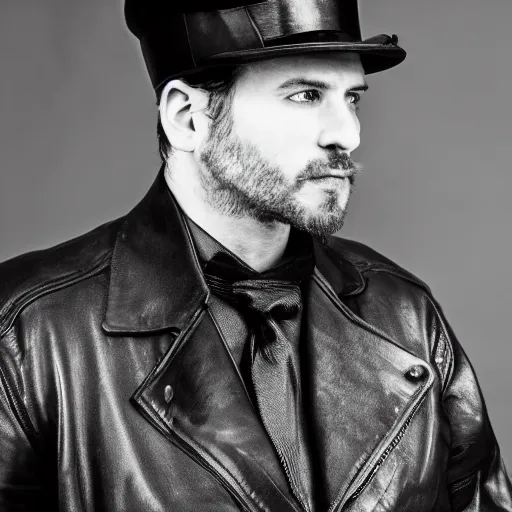 Prompt: a gentleman wearing a black leather hat, cinematic style, front view, cool looking