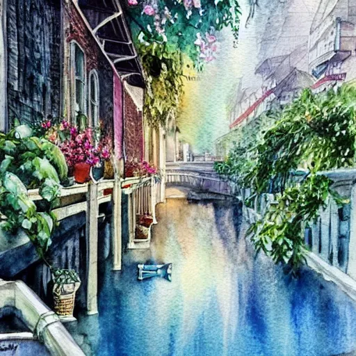 Prompt: Beautiful happy picturesque charming sci-fi town in harmony with nature. Beautiful light. Water and plants. Nice colour scheme, soft warm colour. Beautiful detailed artistic watercolor by Lurid. (2022)