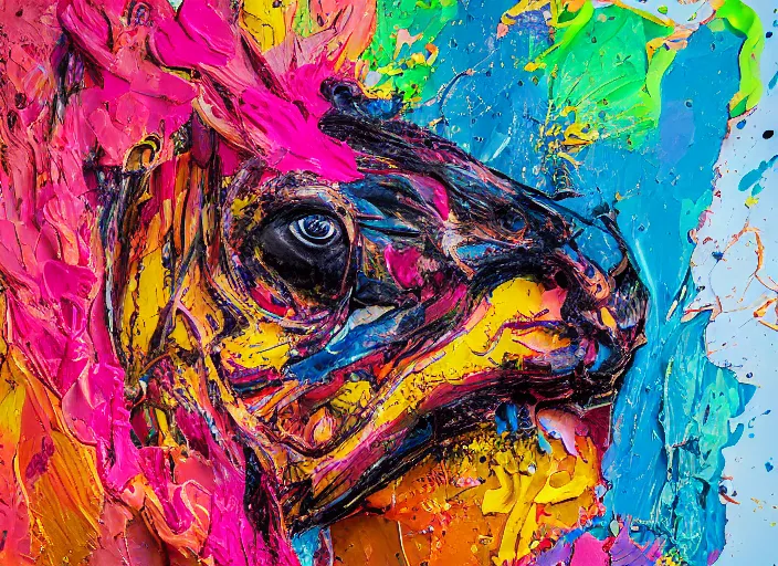 Image similar to abstract expressionist mid shot portrait of a horse made of very thick impasto paint and acrylic pour and coloured powder explosion and splashing paint and dripping paint and flying paint chunks, eyes closed or not visible, expressing strong emotions, art by antony micallef, motion blur, hyperrealistic, intricate art photography, anatomically correct, realistic crisp textures, 1 6 k