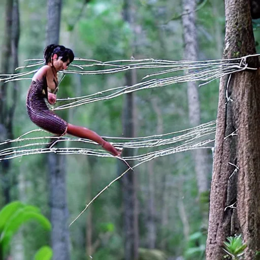 Prompt: a female navi wrapped in barbed wire floating in the air in front of a sequioa forest