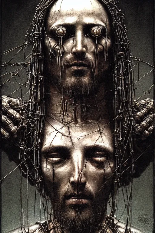 Image similar to a portrait of a cybernetic jesus nailed to a cross, wires, horror art by beksinski and giger and seb mckinnon and josan gonzalez, digital art, highly detailed, intricate, sharp focus, trending on artstation hq, deviantart, pinterest, unreal engine 5, 4 k uhd image