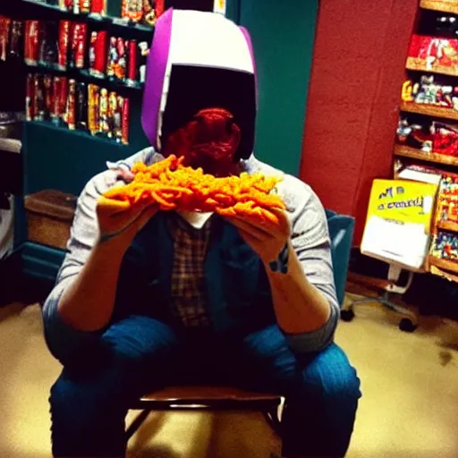 Image similar to “MF DOOM eating Cheetos, Fritos, and Doritos”