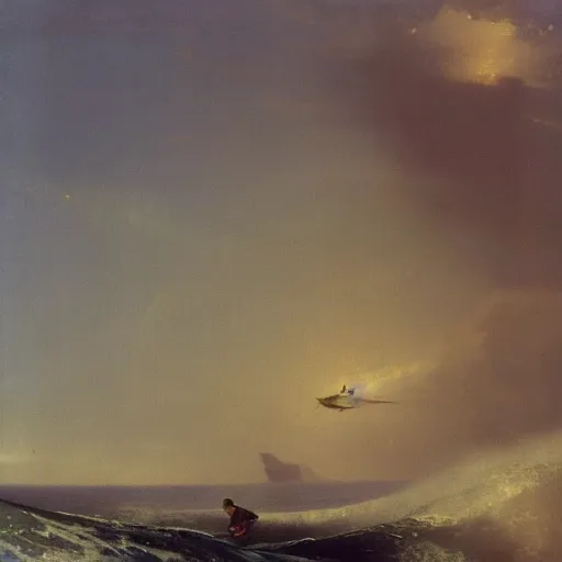 Prompt: A man on a surfing board, surfing a giant wave, beanth the water surface a giant shadow of a shark, painting by Aivazovsky