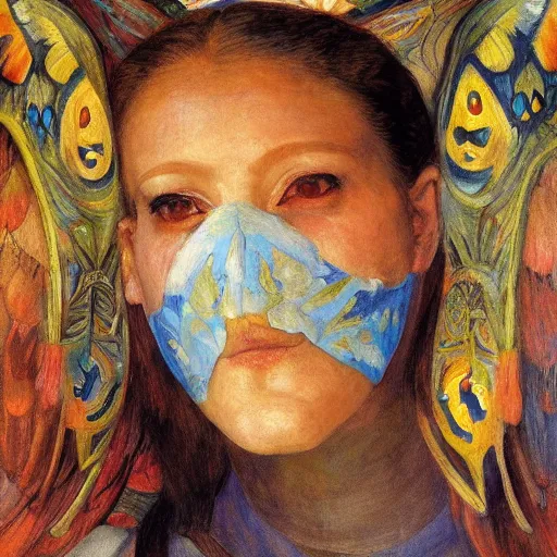 Image similar to the last guest in her bird mask, by Annie Swynnerton and Diego Rivera, symbolist, dramatic lighting, elaborate geometric ornament, god rays, soft colors,smooth, sharp focus, extremely detailed