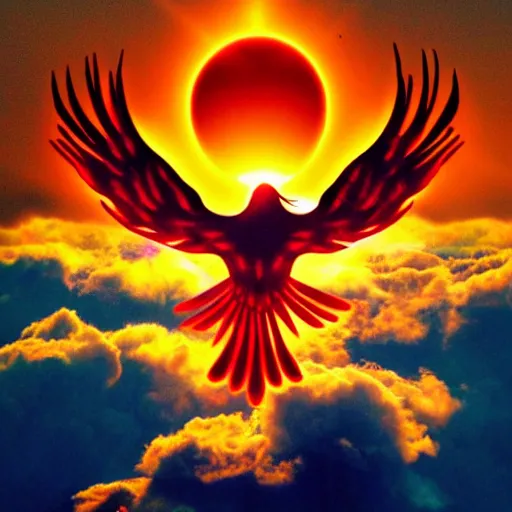 Prompt: a phoenix rising above the clouds with a fiery sun burning all around it brightly lit.