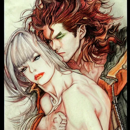 Prompt: a drawing of a woman holding a man, concept art by ayami kojima, featured on pixiv, auto - destructive art, official art, wiccan, parallax.