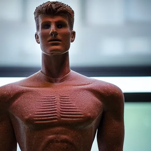 Image similar to a realistic detailed photo of a guy who is an attractive humanoid who is half robot and half humanoid, who is a male android, soccer player timo werner, shiny skin, posing like a statue, blank stare, by the pool, on display, showing off his muscles, humanoid robot, frozen ice statue, made of ice