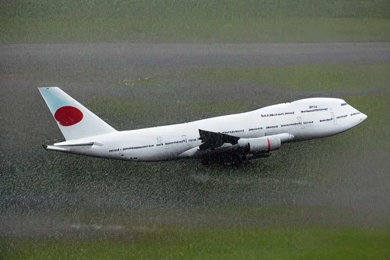 Prompt: detailed photo a boeing 7 4 7 landing at a 4 5 degree angle, on a runway in heavy rain and wind, photo from a spectator, 8 k, natural lighting