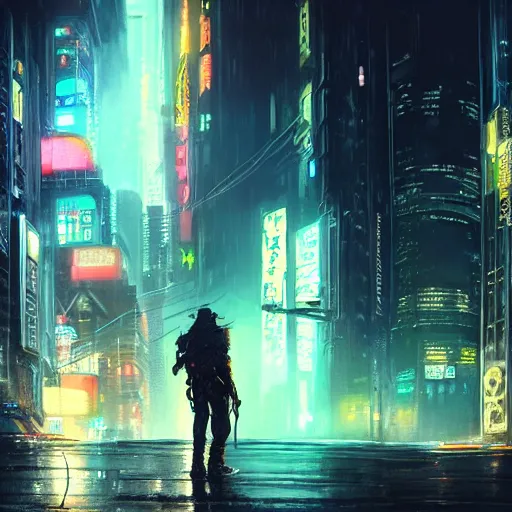 Image similar to a painting of cyberpunk tokyo ultra realistic, colour, concept art, intricate details, night, thunder, raining, eerie, highly detailed, dark fantasy, photorealistic, octane render, 8 k, unreal engine 5. art by artgerm and craig mullins, greg rutkowski and bill sienkiewicz