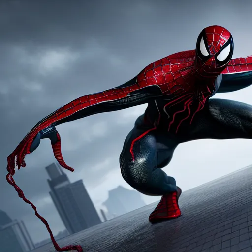 Image similar to a single venom and spider - man hybrid, dslr, cinematic, volumetric lighting, 8 k resolution, photorealistic