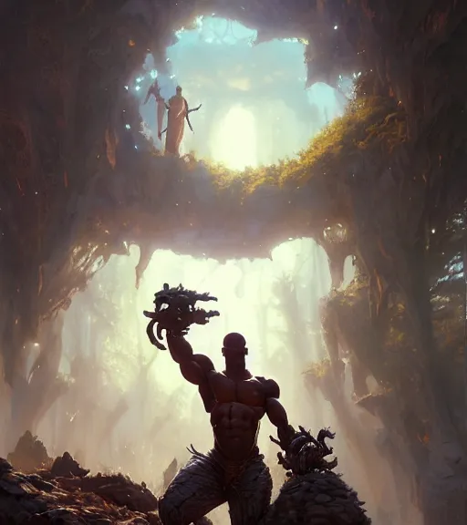 Image similar to Highly detailed portrait of ronnie Coleman, Stephen Bliss, unreal engine, fantasy art by Greg Rutkowski, Loish, Rhads, ferdinand knab, Makoto Shinkai and Lois van baarle, ilya kuvshinov, rossdraws, Tom Bagshaw, global illumination, radiant light, detailed and intricate environment