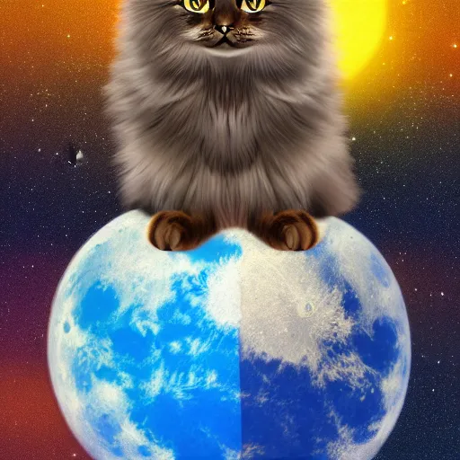 Image similar to Detailed shiny Siberian cat sitting on the moon, digital art