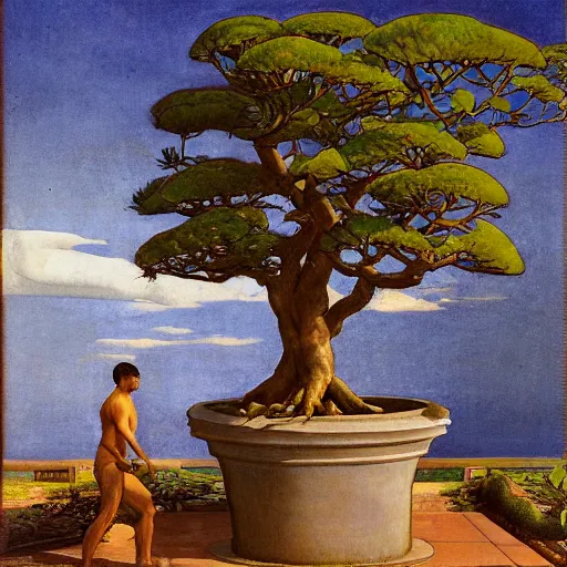 Image similar to Muscular African gardener cutting bonsai trees, grey Hair, idyllic Garden, by Annie Swynnerton and Nicholas Roerich and jean delville, glowing paper lanterns, strong dramatic cinematic lighting , ornate tiled architecture, lost civilizations, smooth, sharp focus, extremely detailed