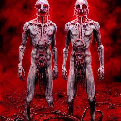 Image similar to Ryan Gosling twins emerging from corpses in a red hellscape covered in blood by Yoshitaka Amano, by HR Giger, full body wide shot, biomechanical, 4k, hyper detailed, hyperrealism, anime, red sky, blood and body parts, deviantart, artstation