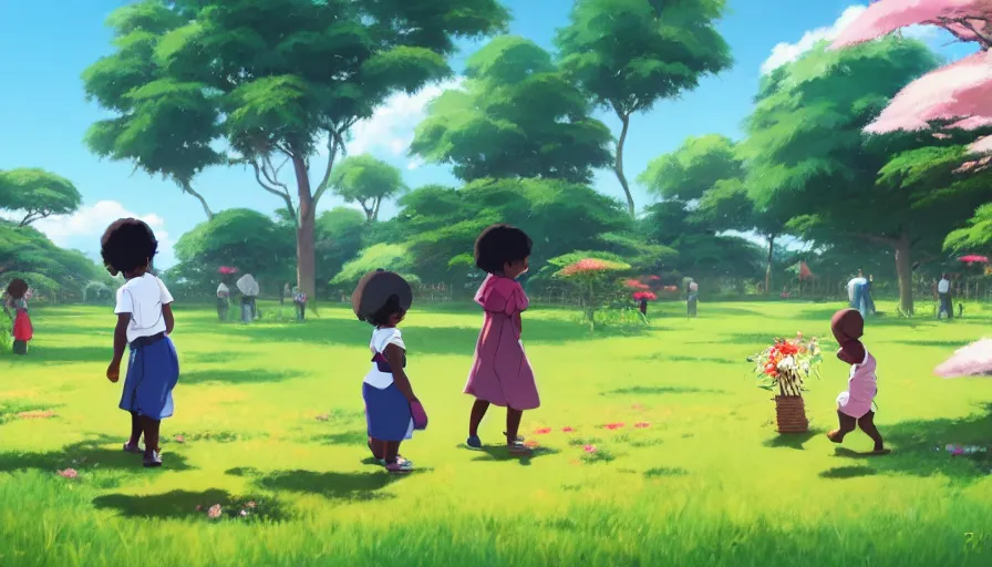 Image similar to african toddlers and white toddlers playing together city park with flowers, artstation, elegant, highly detailed, digital painting, concept art, smooth, sharp focus, illustration, art by studio ghibli, fujita goro, atey ghailan, tom whalen, jean giraud 8 k