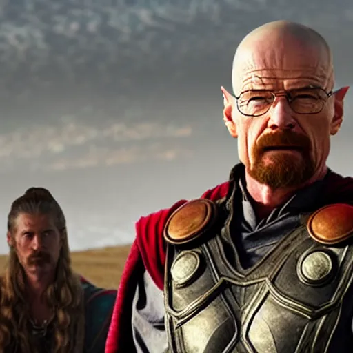 Image similar to Walter White as Chris Hemsworth as Thor, still from Thor Ragnarok