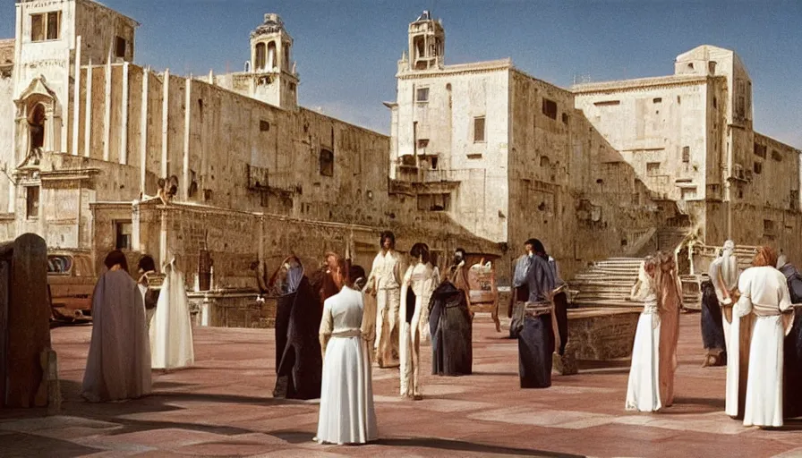 Prompt: a scene from the movie la felicita ( 1 9 7 1 ) by luchino visconti with mastroianni entering a science - fiction city reminiscent of the ideal city by piero della francesca. technicolor, cinematic, 5 0 mm, highly detailed