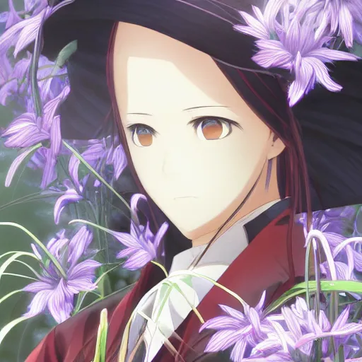 Image similar to portrait of odu nobukatsu combusting in the field of spider lilies, anime fantasy illustration by tomoyuki yamasaki, kyoto studio, madhouse, ufotable, square enix, cinematic lighting, trending on artstation