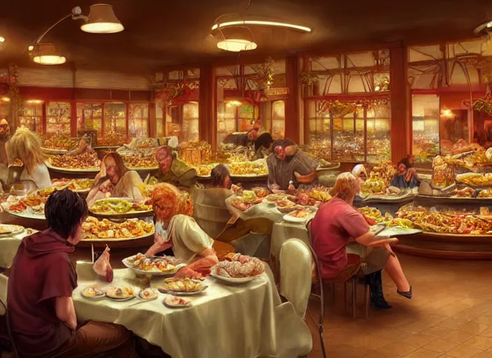 Prompt: the buffet at golden corral, nature painting, elegant intricate digital painting artstation concept art by mark brooks and brad kunkle detailed