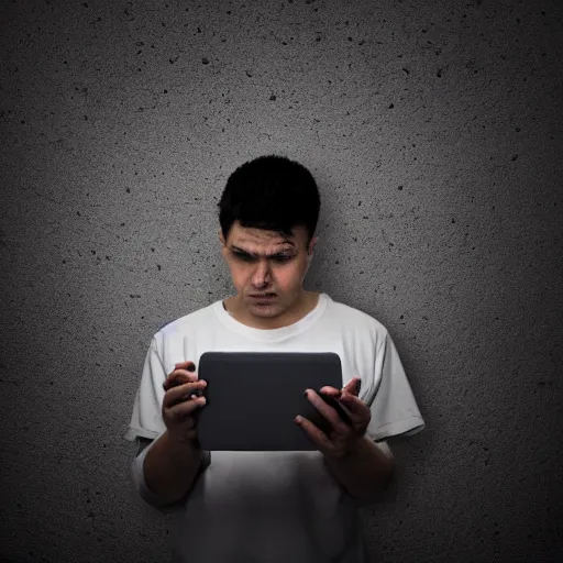 Image similar to sad prisoner holding ipad, prison cell, photorealistic, frustrated expression, dark mood, hopelessness, gloomy