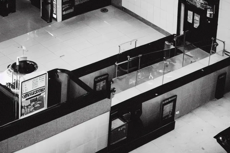 Image similar to overhead view, surveillance, black and white, grainy image, a lion in an empty fast food restaurant lobby