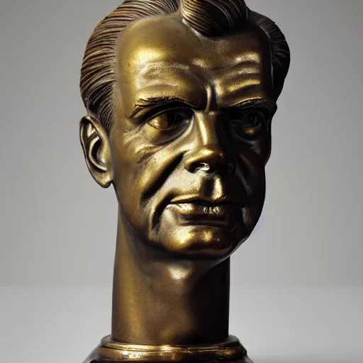 Prompt: A luminous bronze bust of Aldous Huxley.