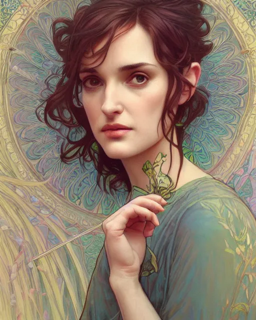 Image similar to winona ryder | highly detailed | very intricate | art nouveau | perfect eyes | storybook illustration | soft cinematic lighting | award - winning | painted by mandy jurgens and alphonse mucha and alena aenami | pastel color palette | featured on artstation