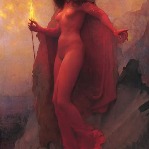 Image similar to a masterpiece full body portrait a beautiful Beatrice in Dante\'s inferno, beautiful face, flawless skin, flames and smoke in background, by Edgar Maxence and Ross Tran and Michael Whelan