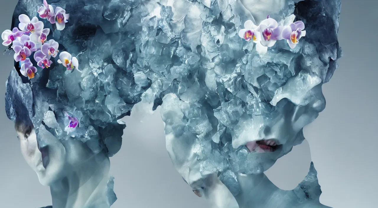 Prompt: a glacier made of orchids inside the head of a fashion model 4K HD realism and photorealistic