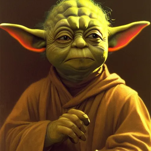 Image similar to Painting of Yoda. Art by william adolphe bouguereau. During golden hour. Extremely detailed. Beautiful. 4K. Award winning.