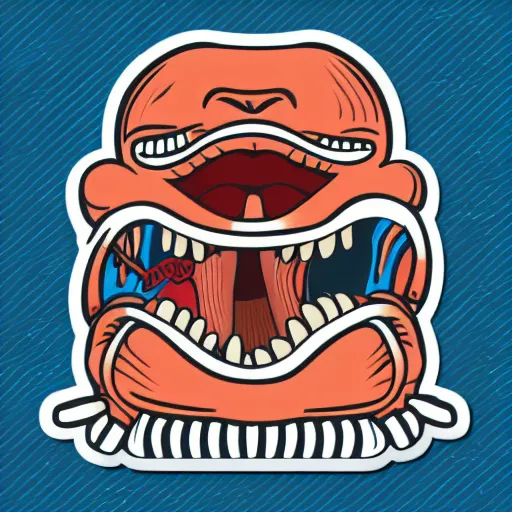 Prompt: ' a zipper opening and a yelling mouth is behind, sticker, highly detailed, colorful, illustration, smooth and clean vector curves, vector art, logo'