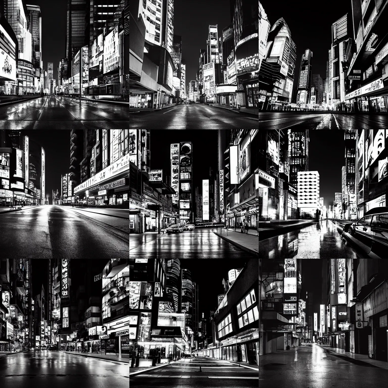 Prompt: cyberpunk city at night, black and white, noir, street level