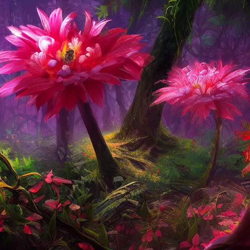 Prompt: hidden flower in dark forest, dense jungle, colorful flower, color palette, painting, mysterious, beautiful, magic the gathering, artstation award